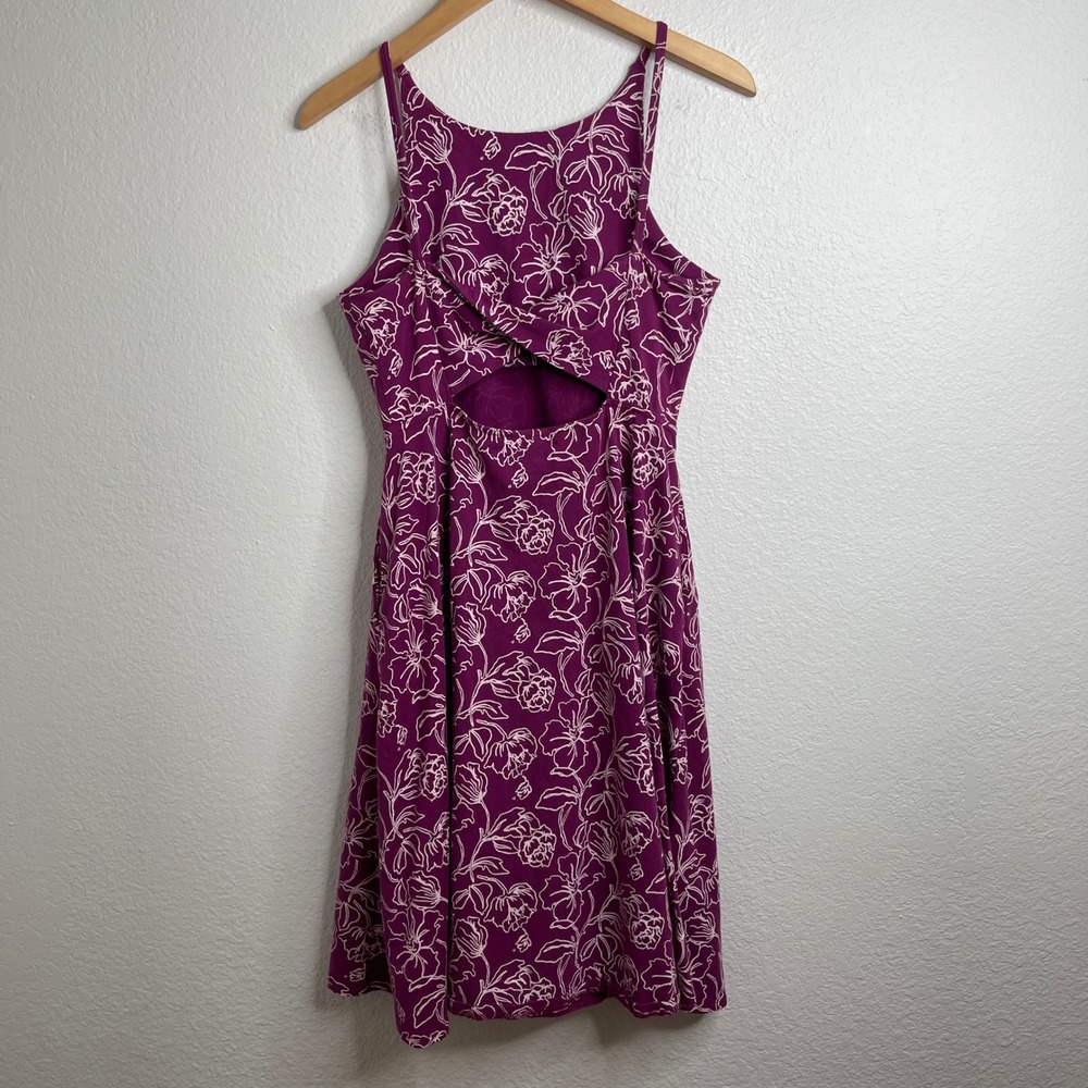 Pact Organic Cotton Floral Fit and Flare Dress Magenta Purple Cutout Back M - Picture 6 of 6